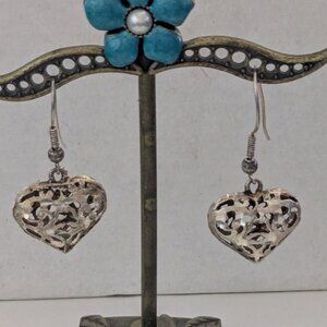 Vintage 925 Sterling Silver Filigree Heart Dangle Drop Pierced Earrings